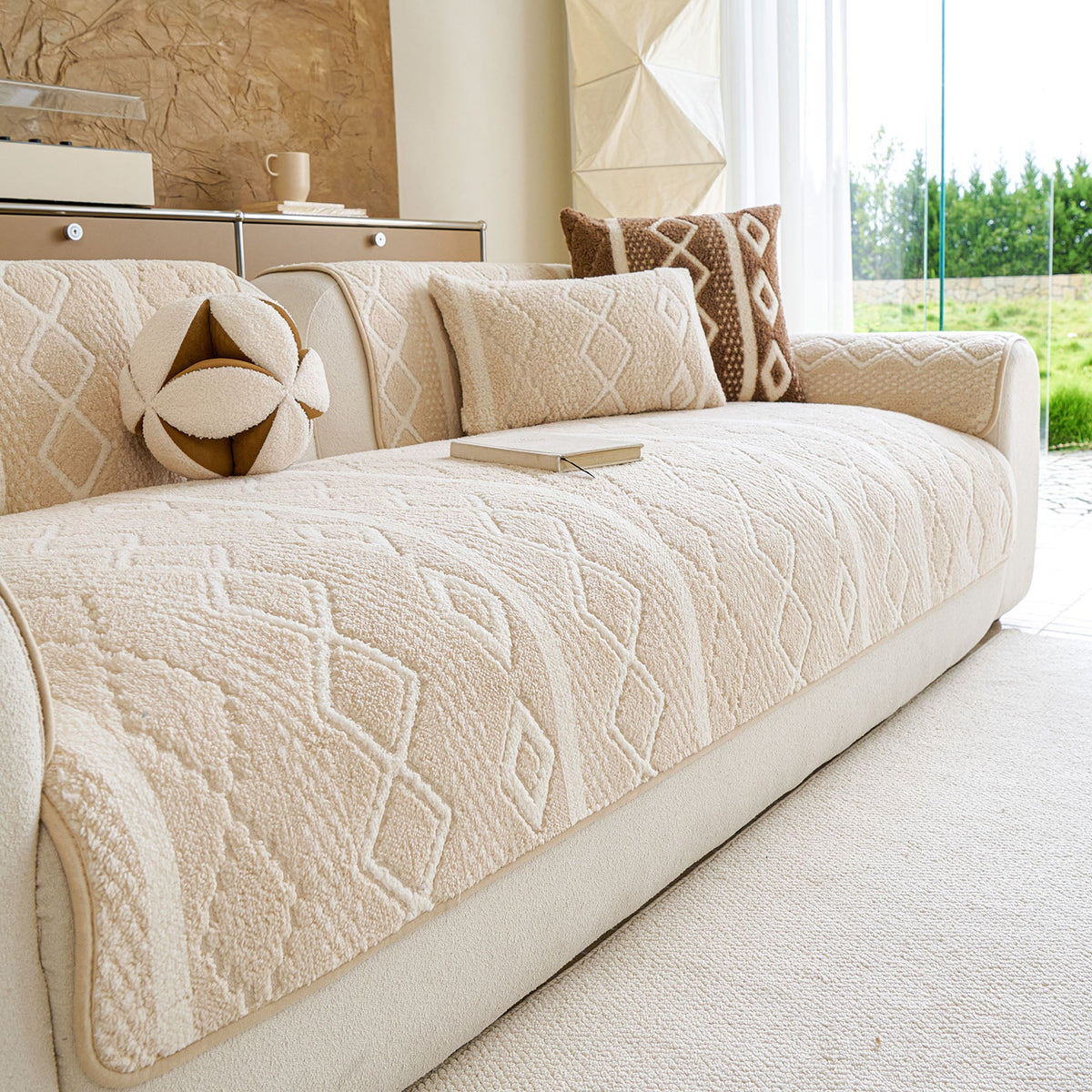 Thickened Plush Sofa Cover, Textured Geometric Couch Protector with Non-Slip Backing