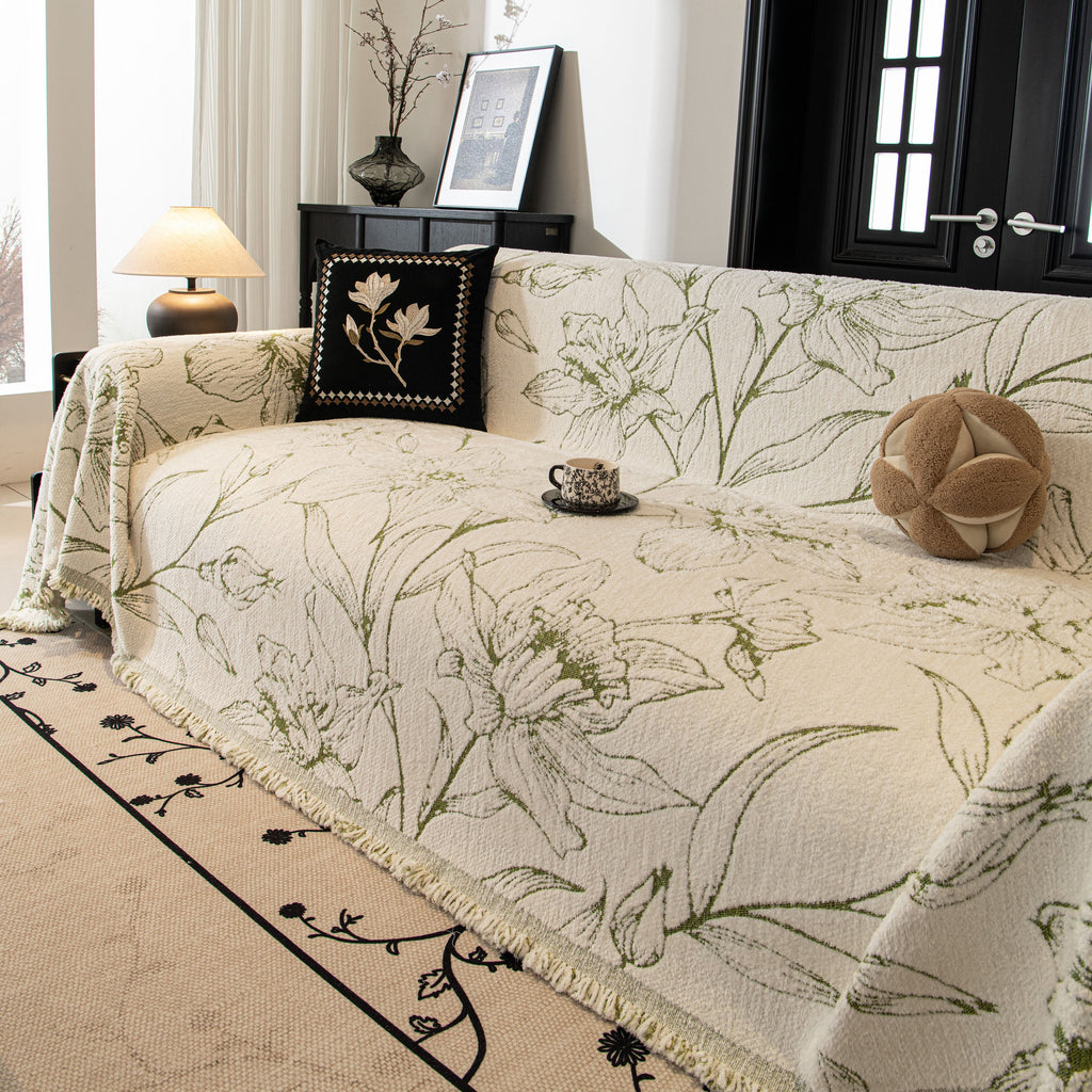 Large Floral Sofa Cover Throw Blanket, Plush Jacquard Non-Shedding Couch Cover for Pets