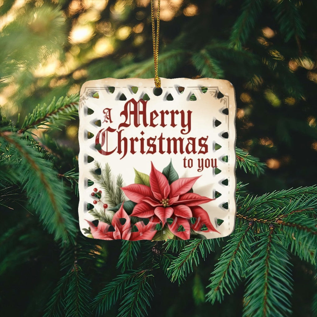 Vintage Merry Christmas to You Poinsettia Cutout Square Ceramic Ornament