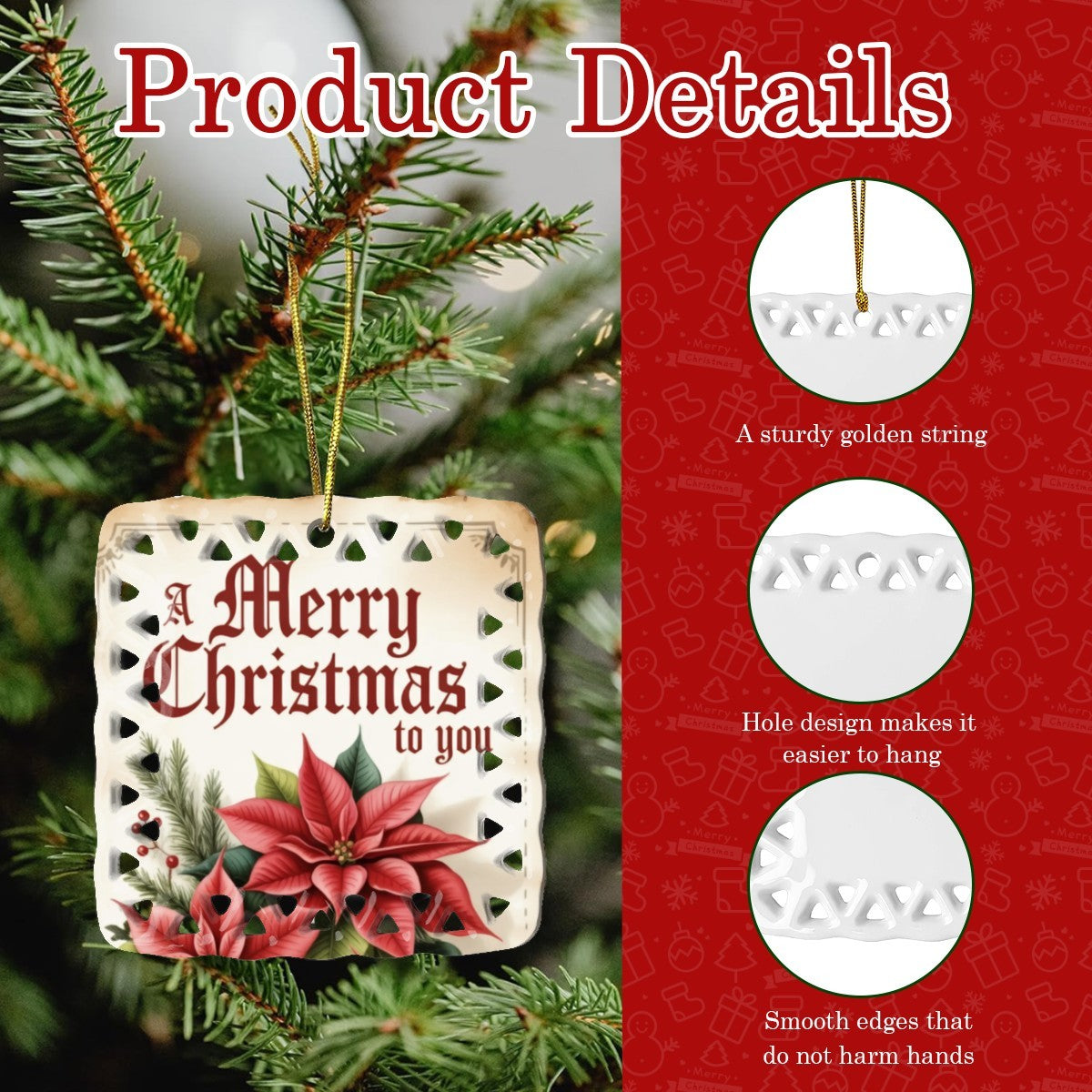Vintage Merry Christmas to You Poinsettia Cutout Square Ceramic Ornament