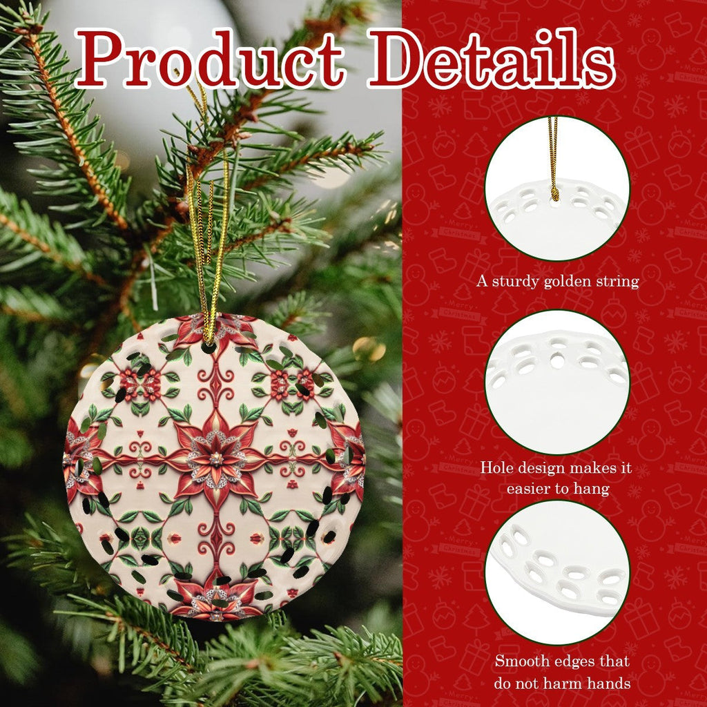 Christmas Poinsettia Pattern Round Cutout Ceramic Ornament