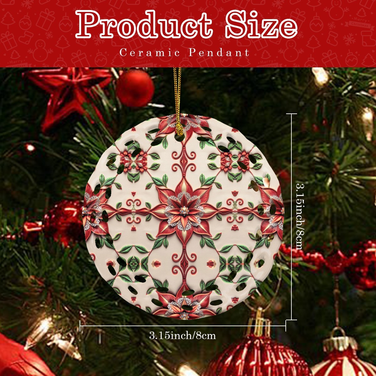 Christmas Poinsettia Pattern Round Cutout Ceramic Ornament