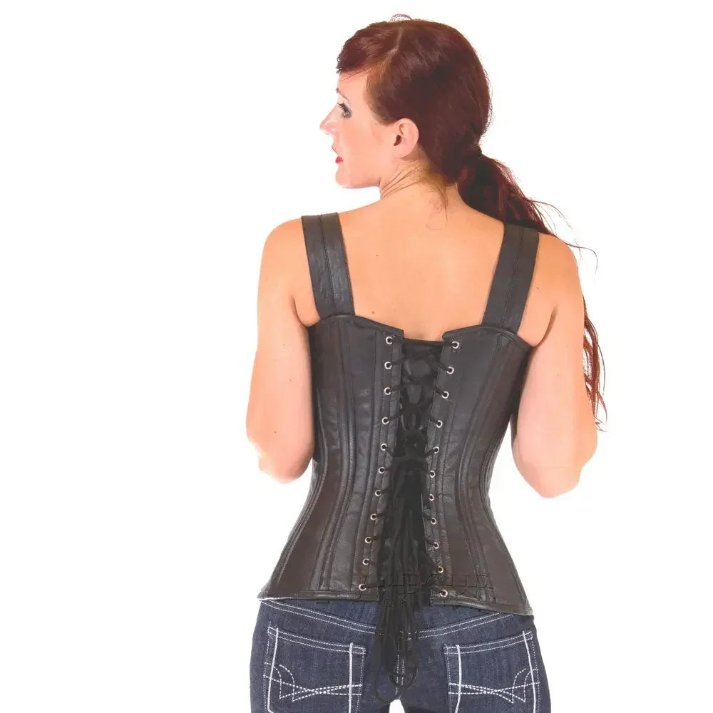 Genuine Real Sheep Leather & Stainless Steel Spiral Bones Over Bust Corset Black