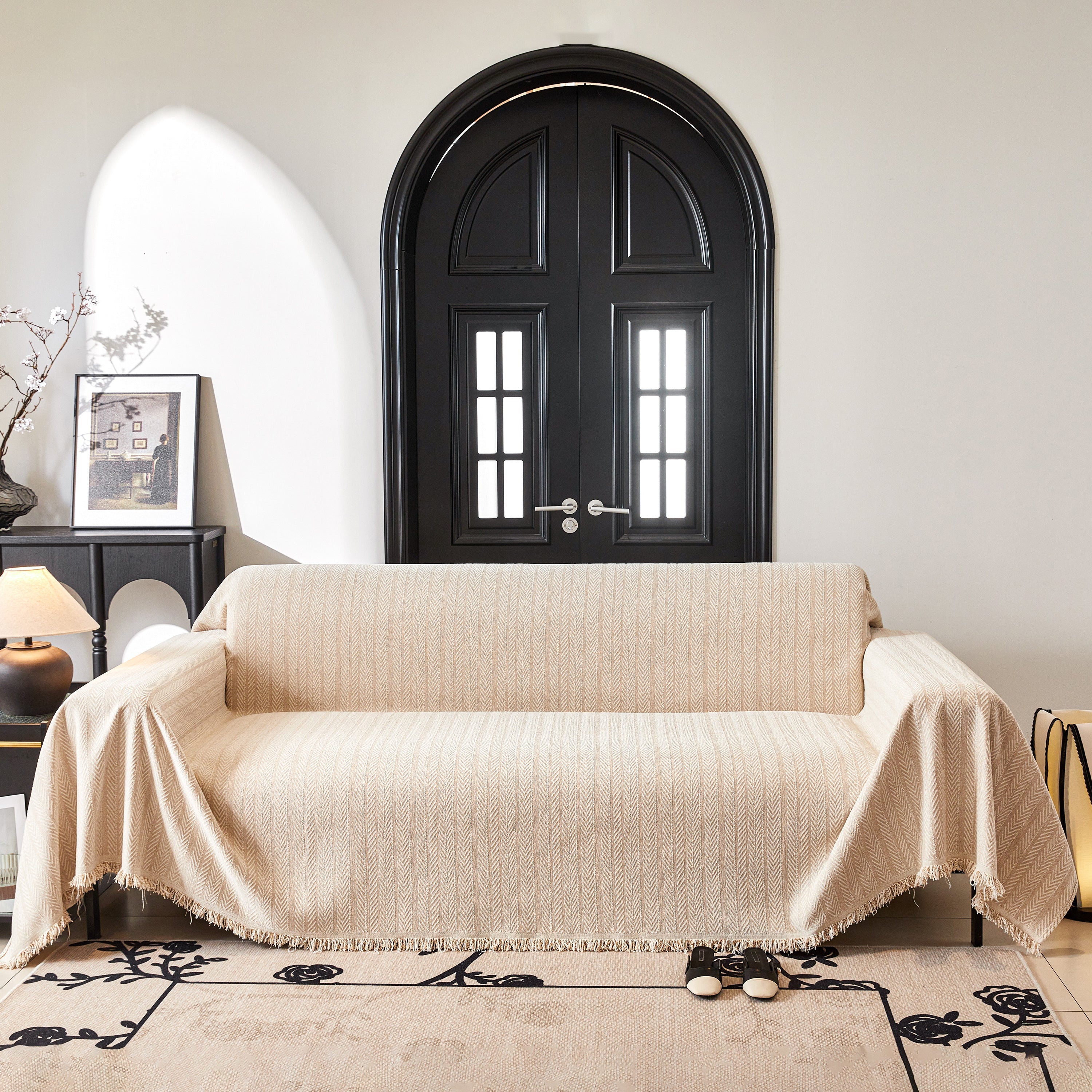 Herringbone Chenille Couch Cover Blanket Soft Durable Throw Sofa Protector with Tassel