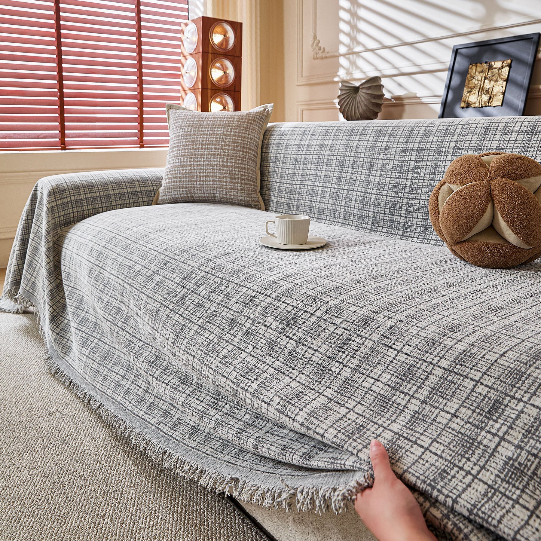 Textured Plaid Couch Throw Cover, Modern Decorative Sectional Furniture Covers