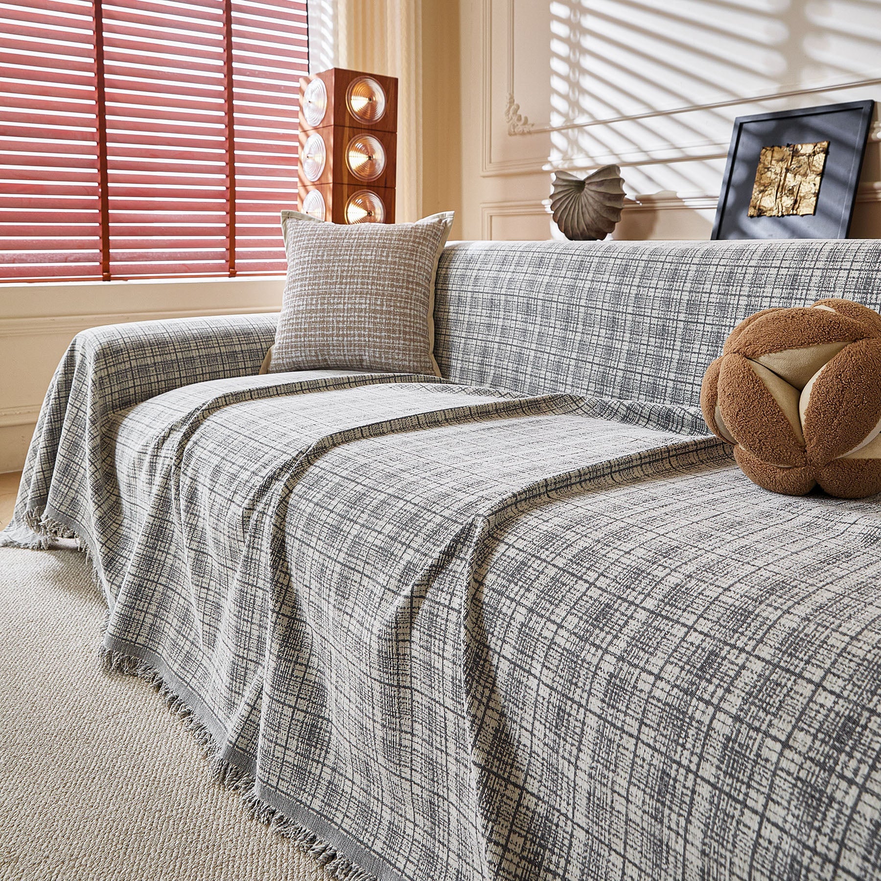 Textured Plaid Couch Throw Cover, Modern Decorative Sectional Furniture Covers