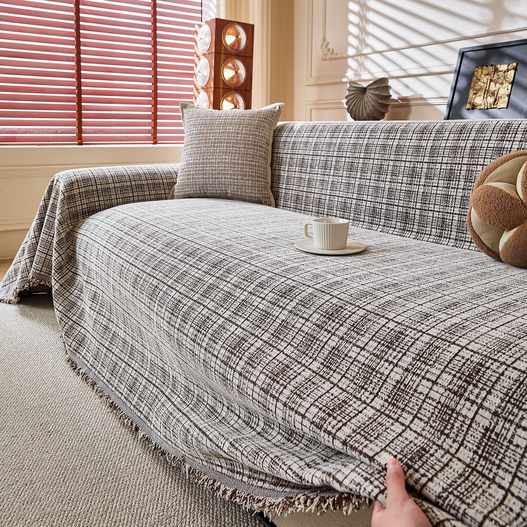 Textured Plaid Couch Throw Cover, Modern Decorative Sectional Furniture Covers