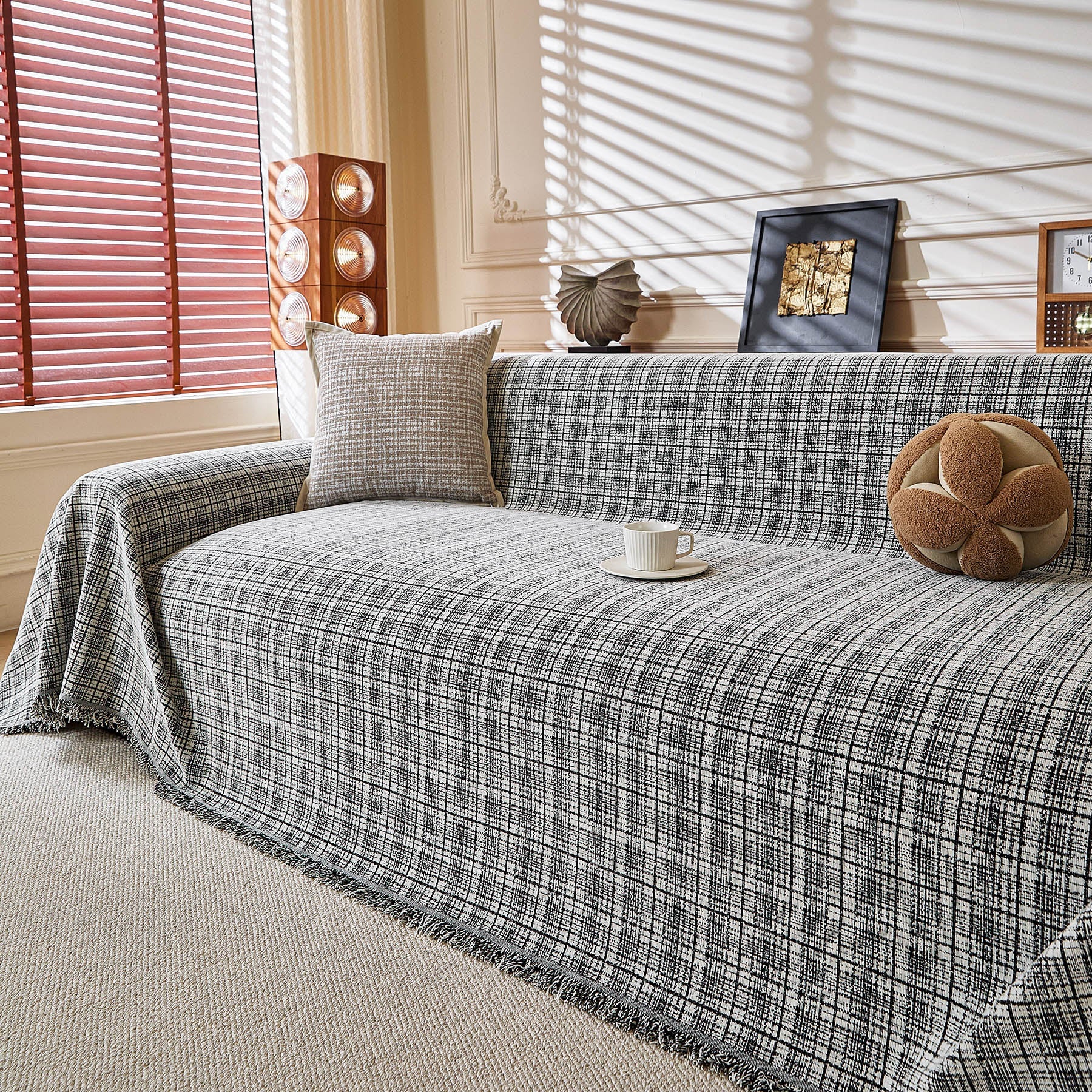 Textured Plaid Couch Throw Cover, Modern Decorative Sectional Furniture Covers