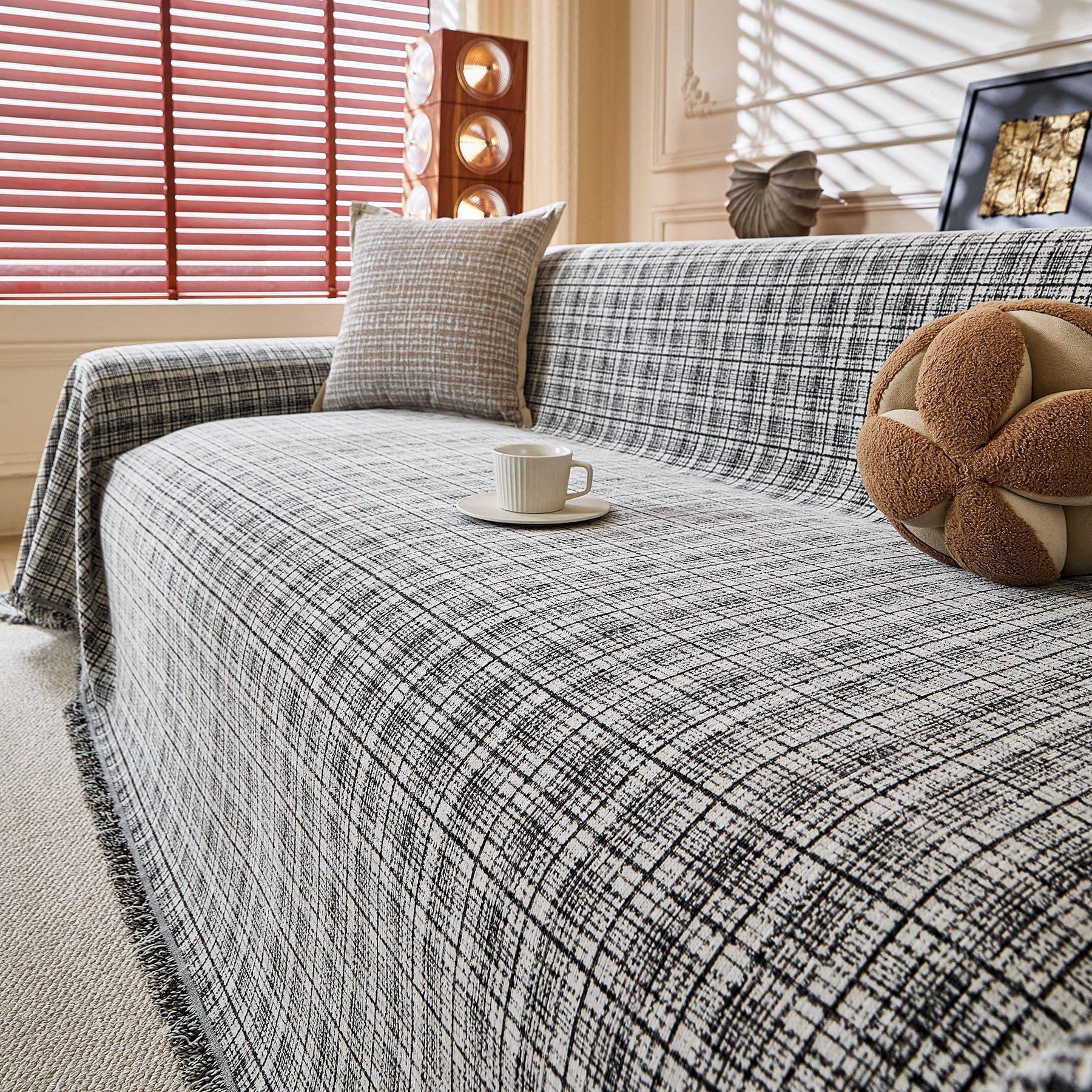 Textured Plaid Couch Throw Cover, Modern Decorative Sectional Furniture Covers