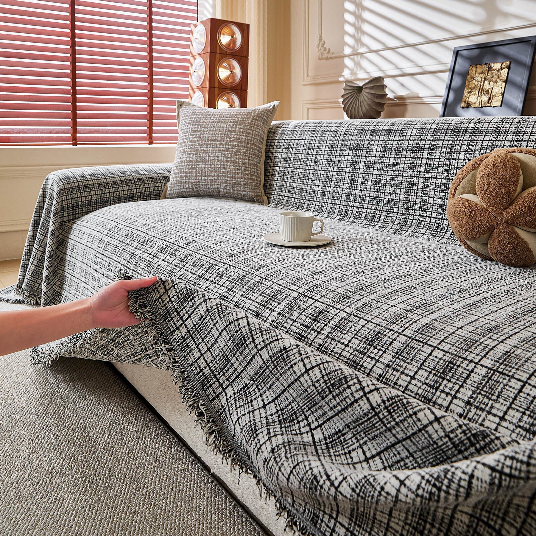 Textured Plaid Couch Throw Cover, Modern Decorative Sectional Furniture Covers