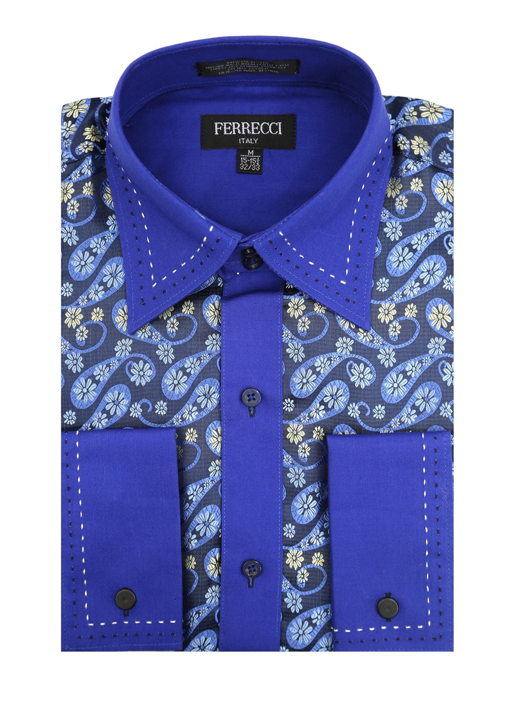 Men's Blue Paisley Floral Satin Dress Shirt – High Collar, French Cuff | Ferrecci Hi-1009