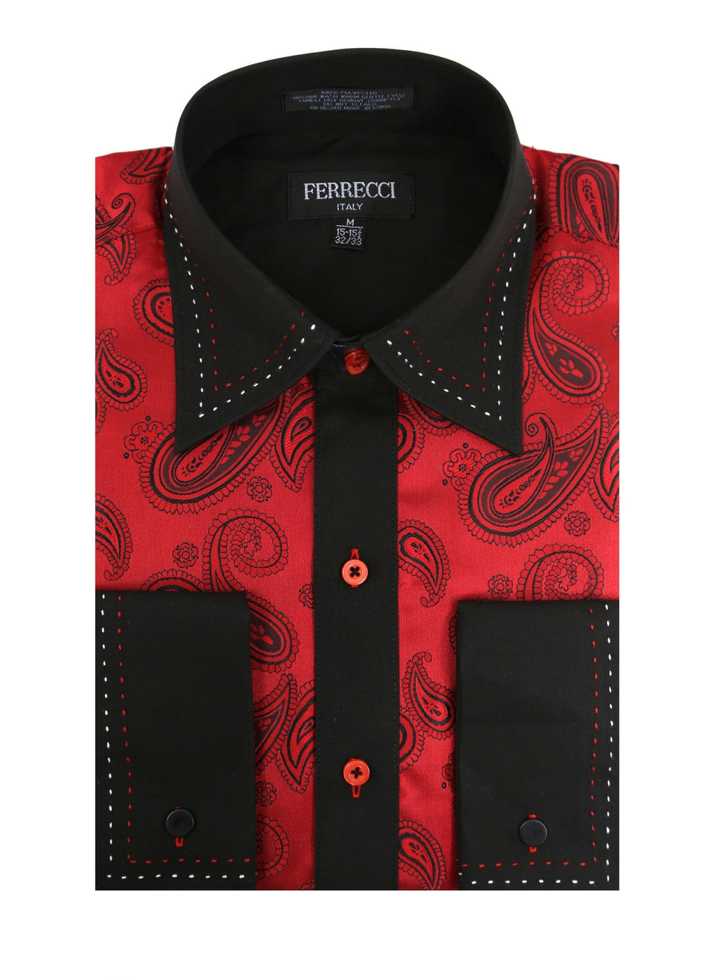 Men's Red & Black Paisley Satin Dress Shirt – High Collar, French Cuff | Ferrecci Hi-1012