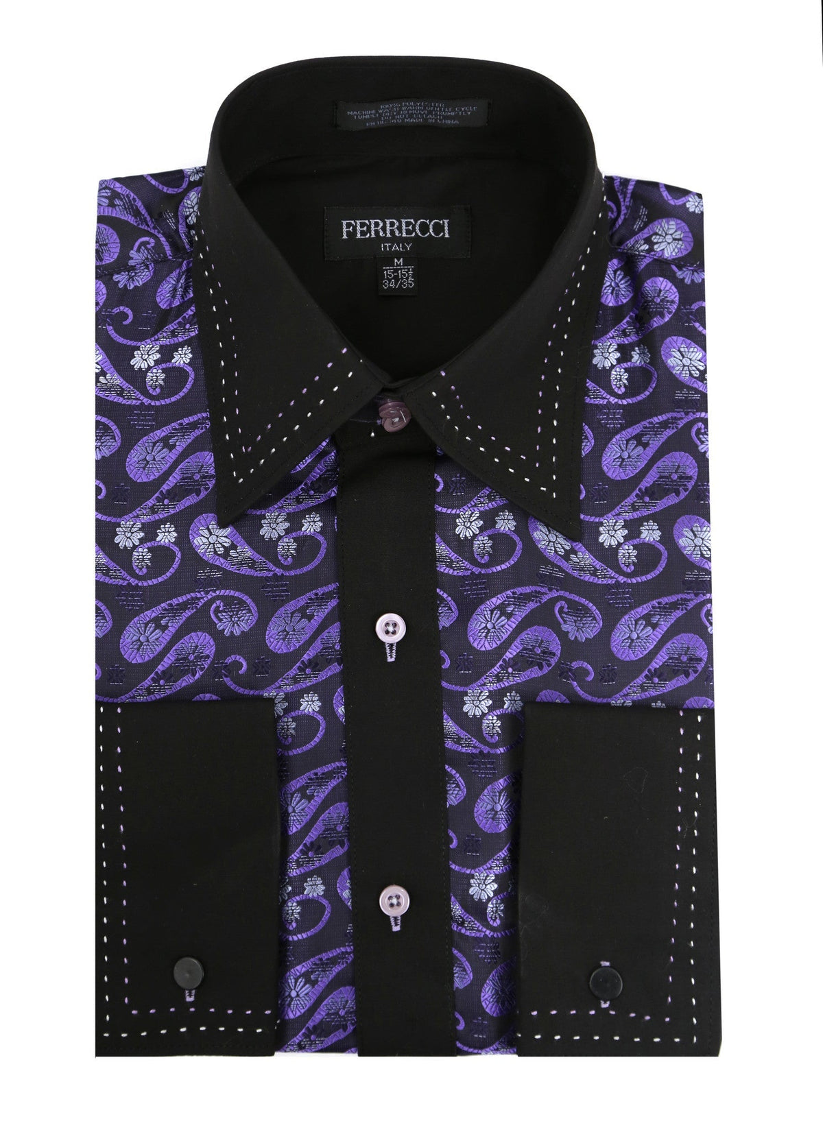 Men's Purple & Black Floral Satin Dress Shirt – High Collar, French Cuff | Ferrecci Hi-1013