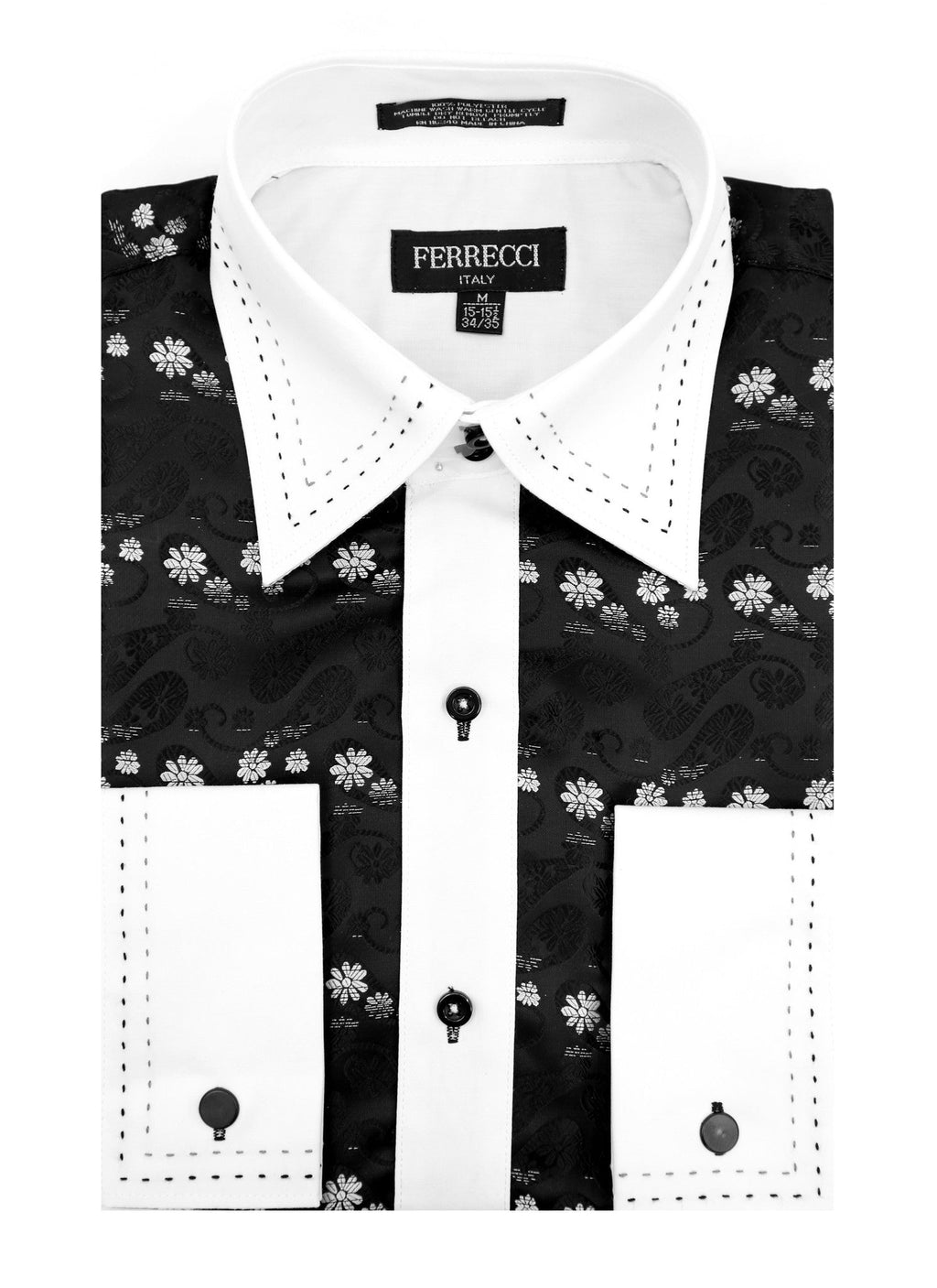 Men's Black & White Floral Satin Dress Shirt – High Collar, French Cuff | Ferrecci Hi-1018