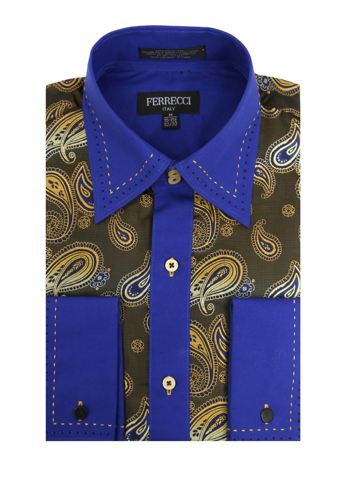 Men's Blue & Gold Paisley Satin Dress Shirt – High Collar, French Cuff | Ferrecci Hi-1019