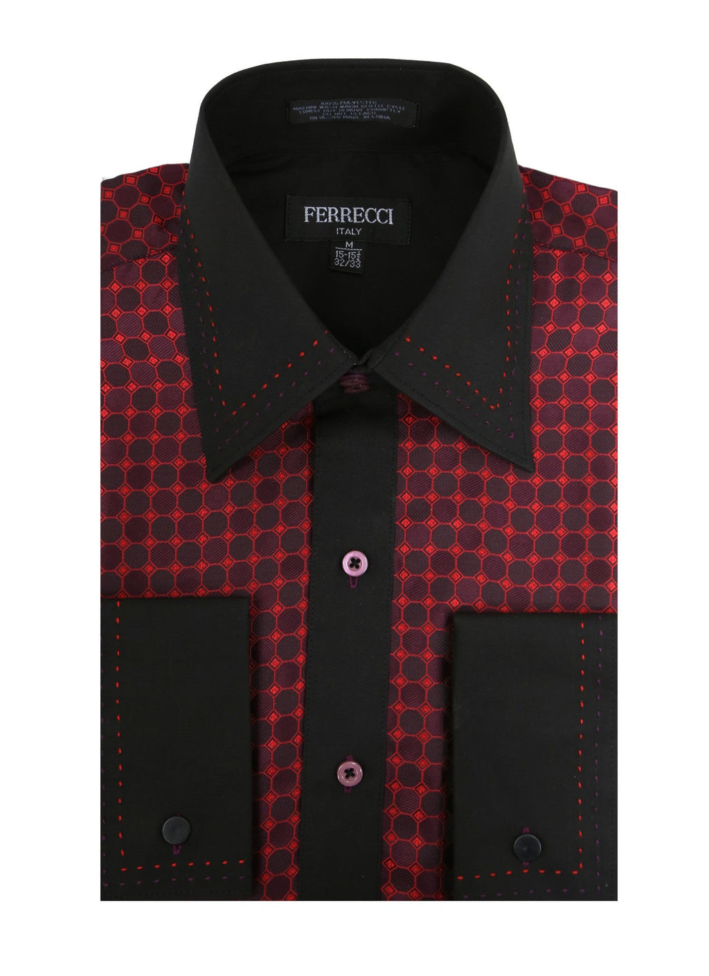 Men's Burgundy & Black Circle Print Satin Dress Shirt – High Collar, French Cuff | Ferrecci Hi-1023