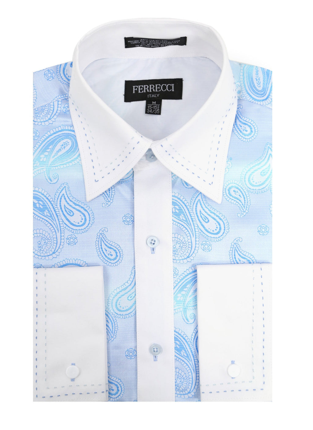 Men's Turquoise Paisley Satin Dress Shirt – High Collar, French Cuff | Ferrecci Hi-1025