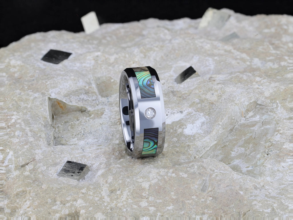HONOLULU Mother of Pearl Inlay Tungsten Carbide Ring with Beveled Edges and White Diamond - 8mm
