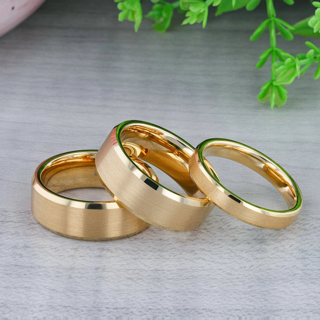 HONOR Gold-Plated Tungsten Beveled Edge Flat Ring with Brushed Center – 6mm & 8mm