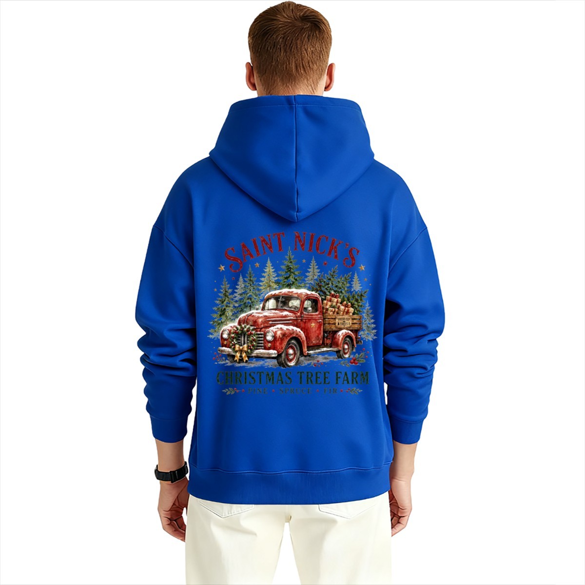 Saint Nick's Tree Farm Christmas Graphic Design Hoodie for Men with Printing on Back