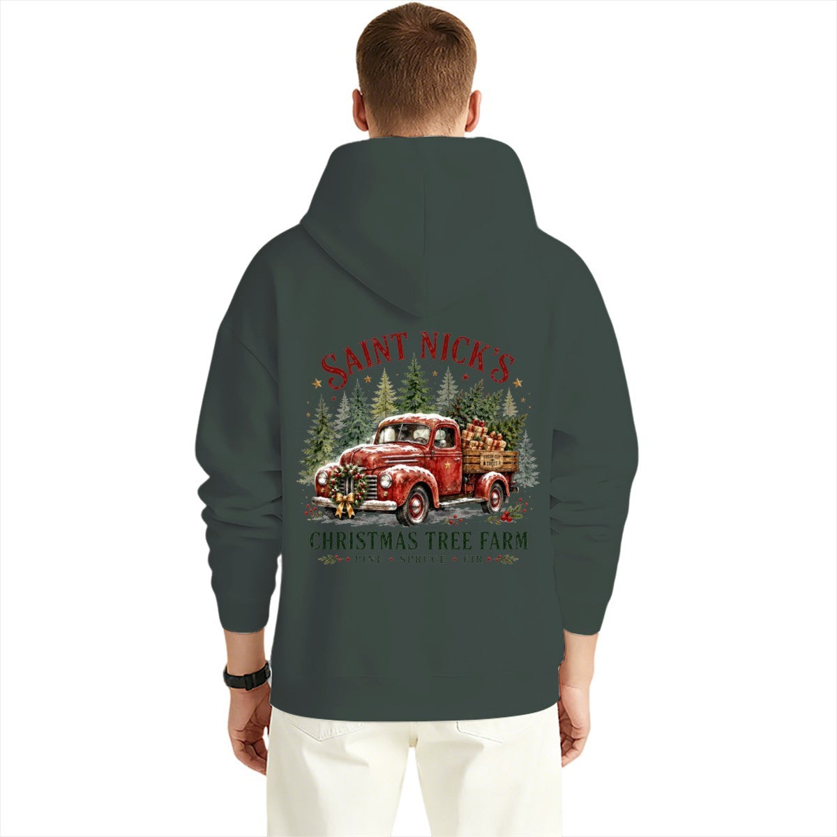 Saint Nick's Tree Farm Christmas Graphic Design Hoodie for Men with Printing on Back
