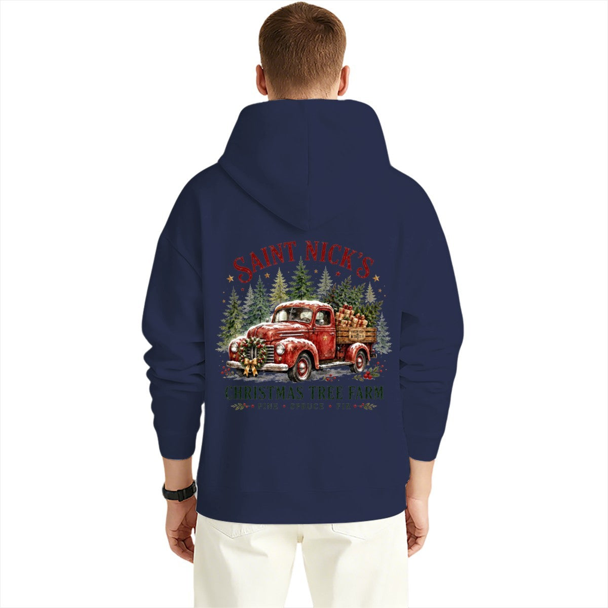 Saint Nick's Tree Farm Christmas Graphic Design Hoodie for Men with Printing on Back