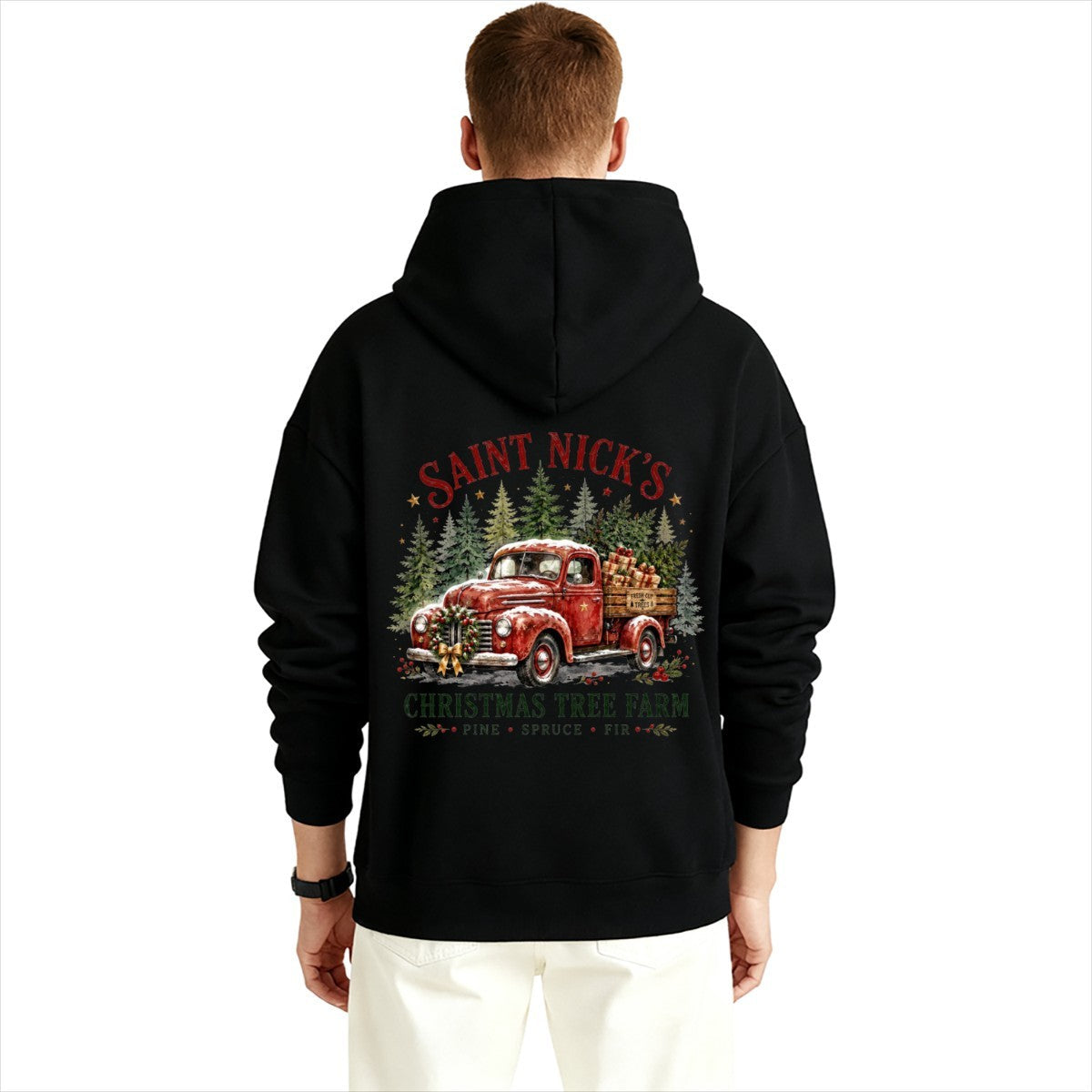 Saint Nick's Tree Farm Christmas Graphic Design Hoodie for Men with Printing on Back