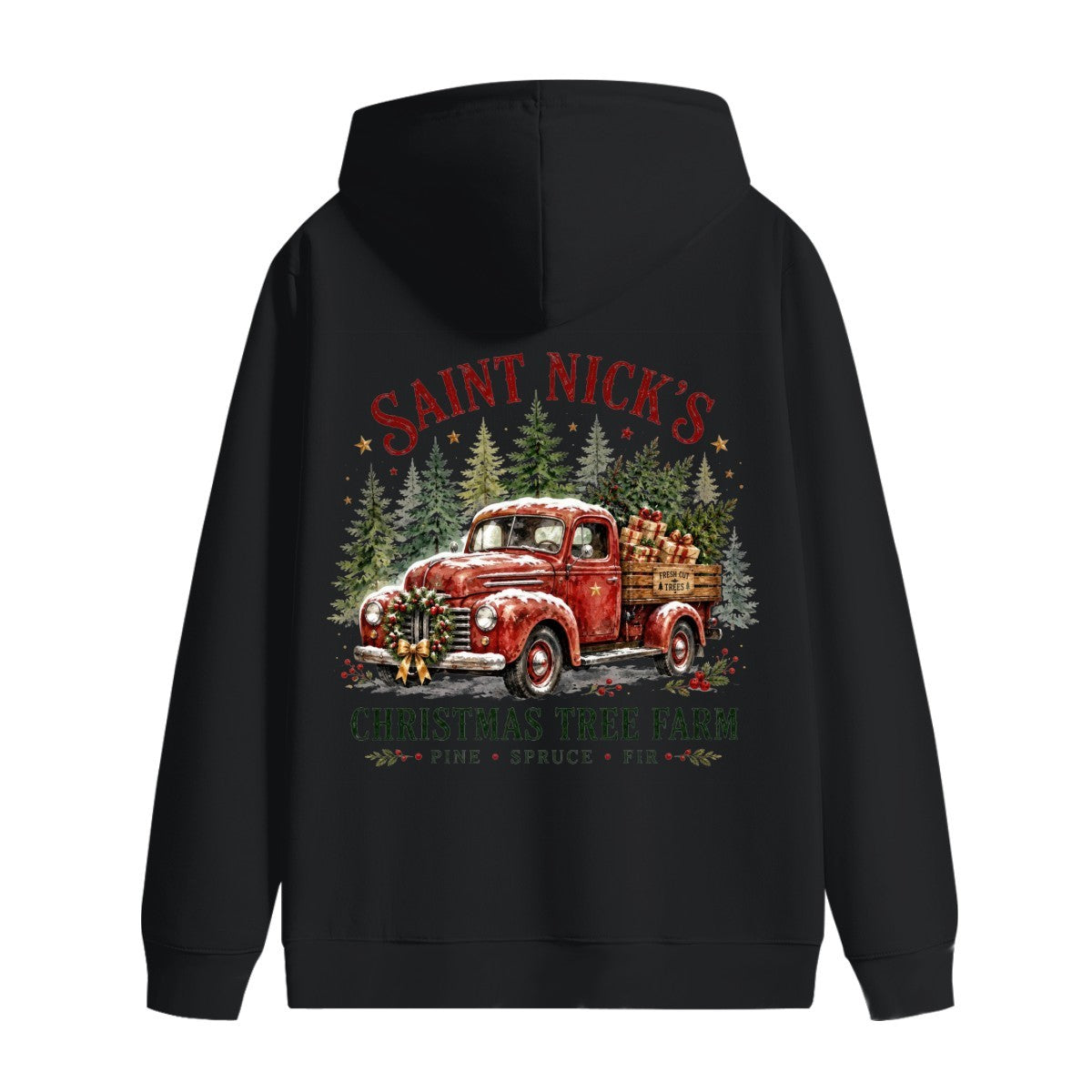 Saint Nick's Tree Farm Christmas Graphic Design Hoodie for Men with Printing on Back