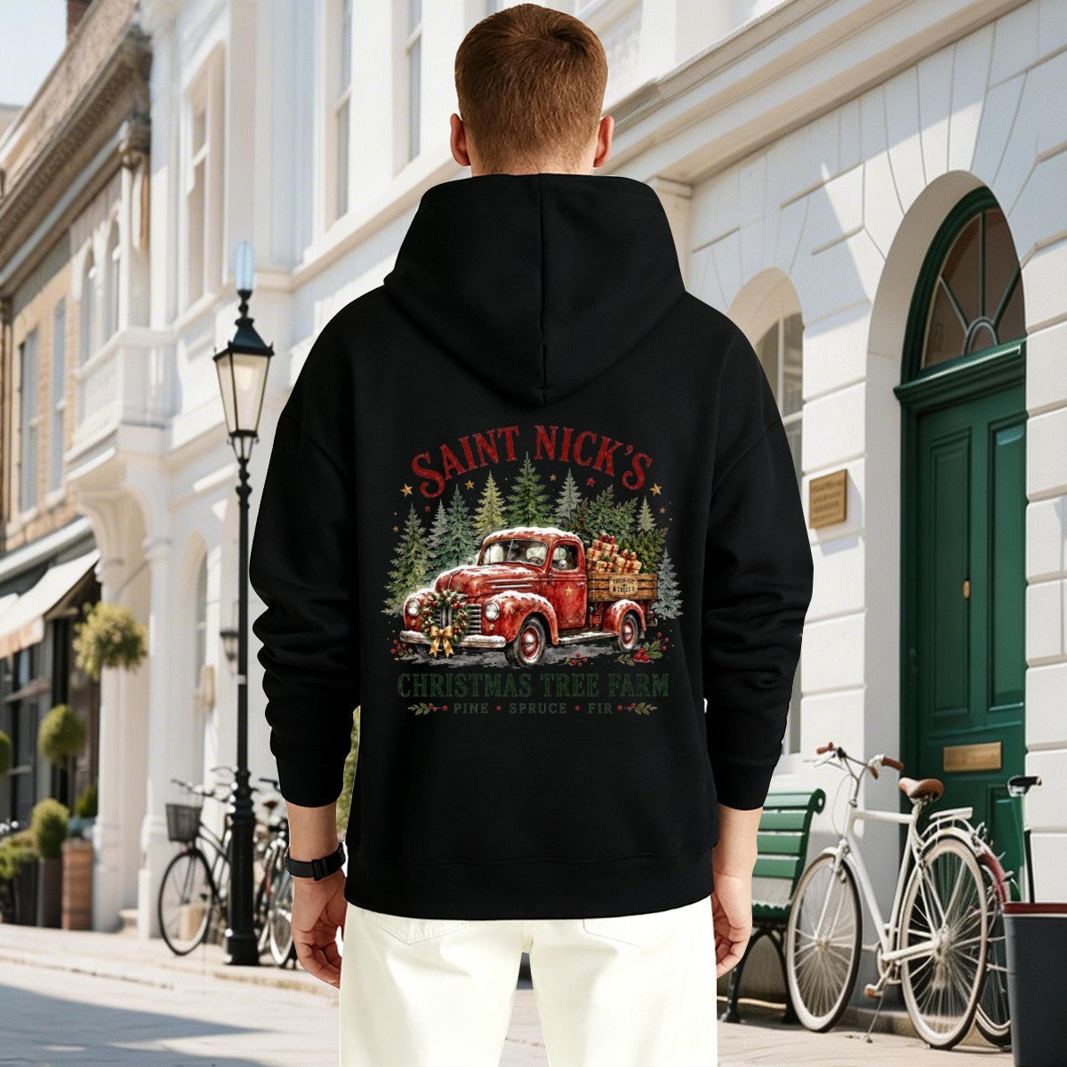 Saint Nick's Tree Farm Christmas Graphic Design Hoodie for Men with Printing on Back