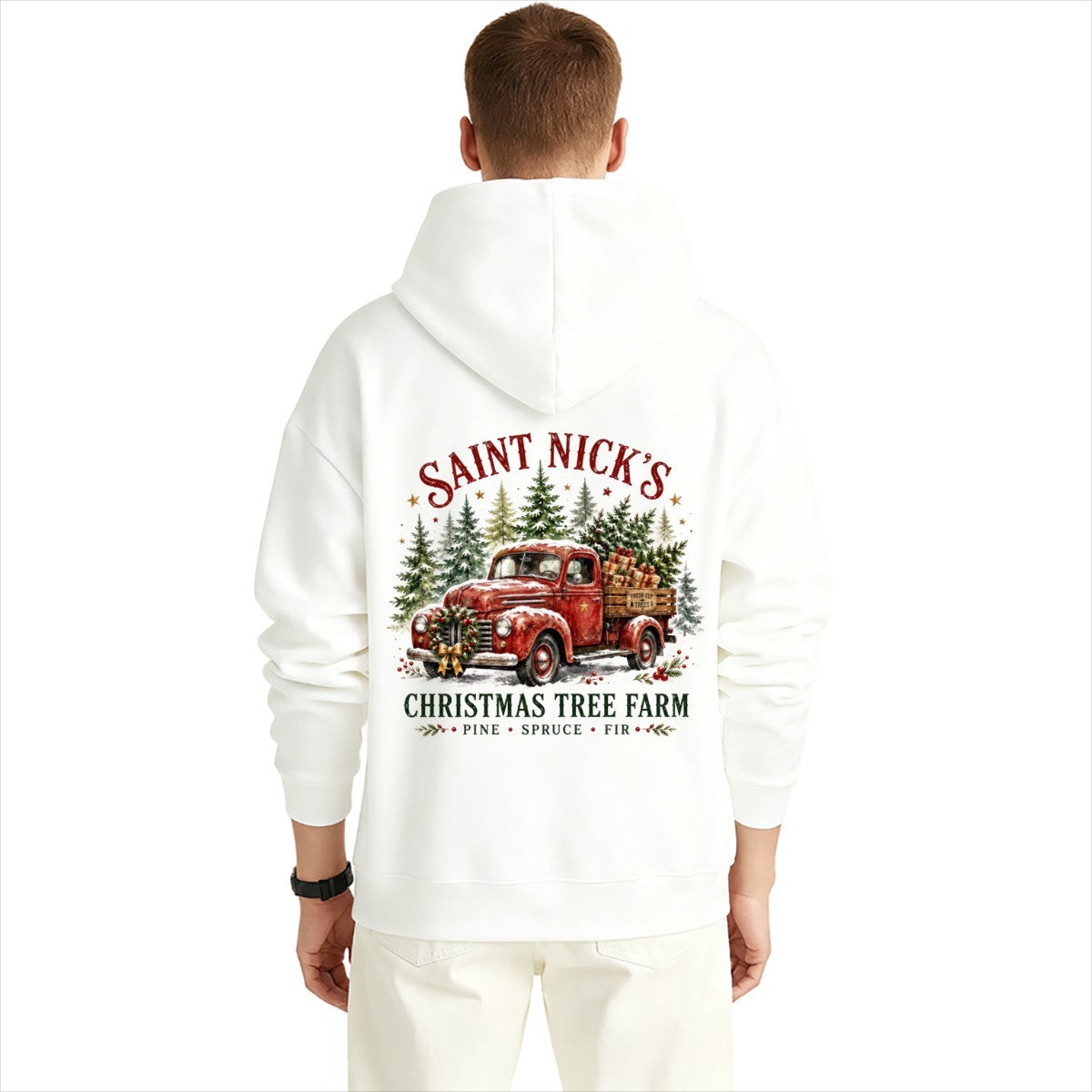 Saint Nick's Tree Farm Christmas Graphic Design Hoodie for Men with Printing on Back