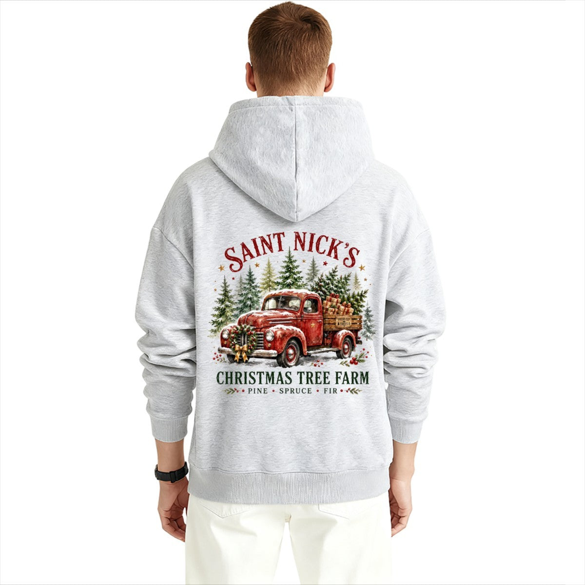 Saint Nick's Tree Farm Christmas Graphic Design Hoodie for Men with Printing on Back