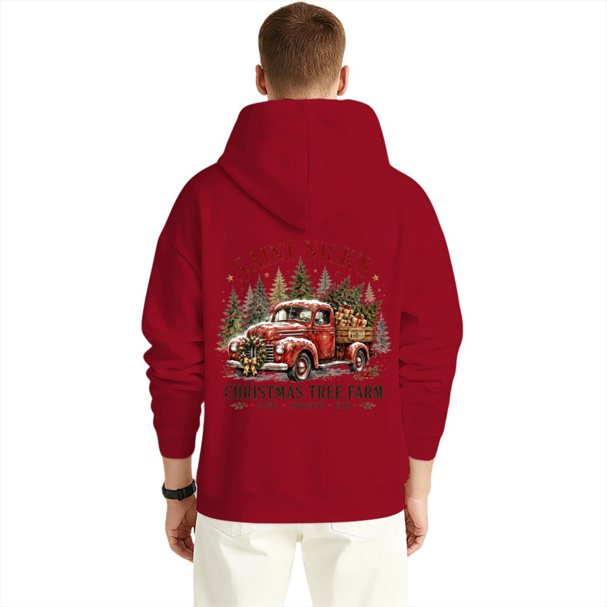 Saint Nick's Tree Farm Christmas Graphic Design Hoodie for Men with Printing on Back