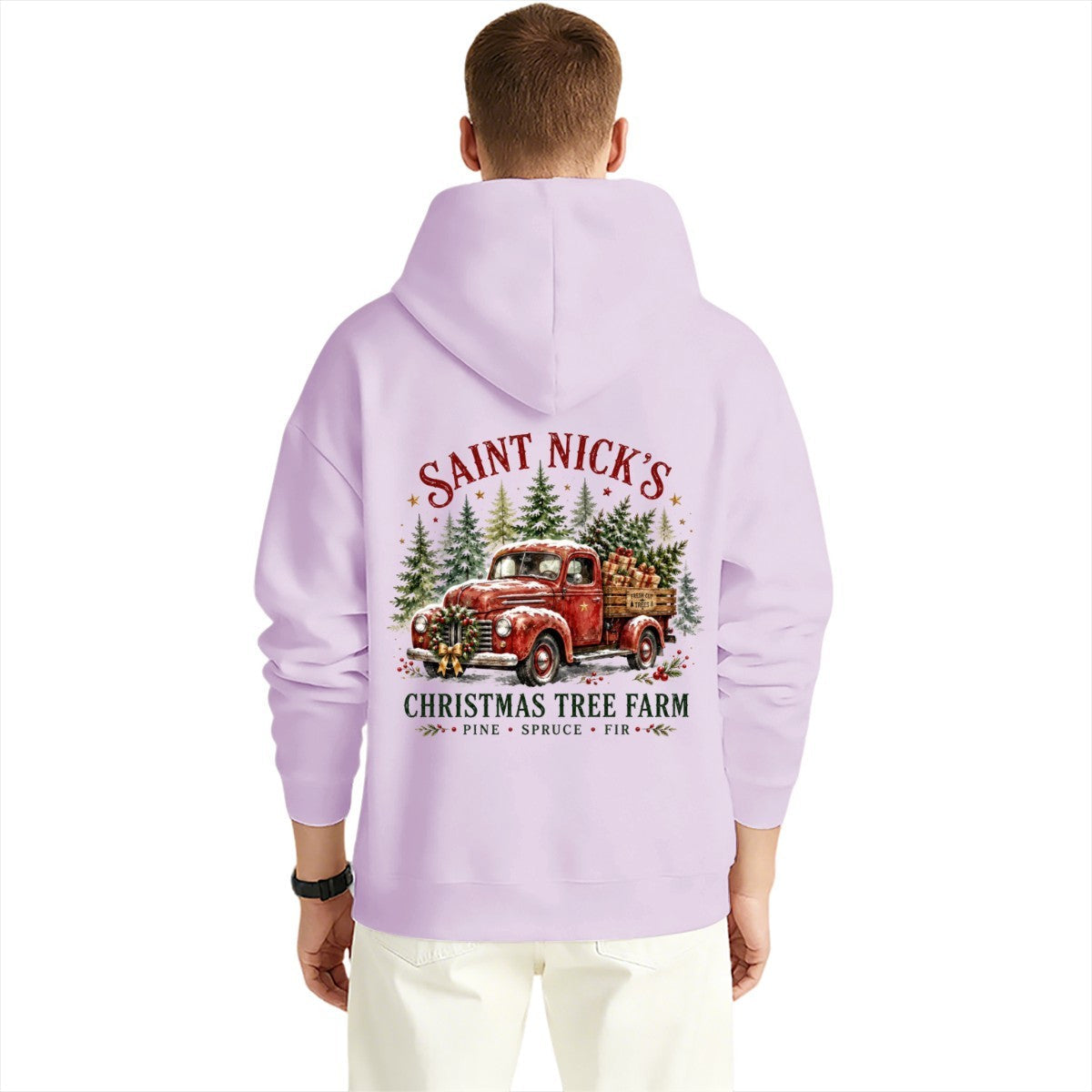 Saint Nick's Tree Farm Christmas Graphic Design Hoodie for Men with Printing on Back