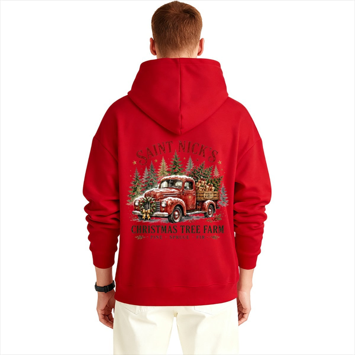 Saint Nick's Tree Farm Christmas Graphic Design Hoodie for Men with Printing on Back