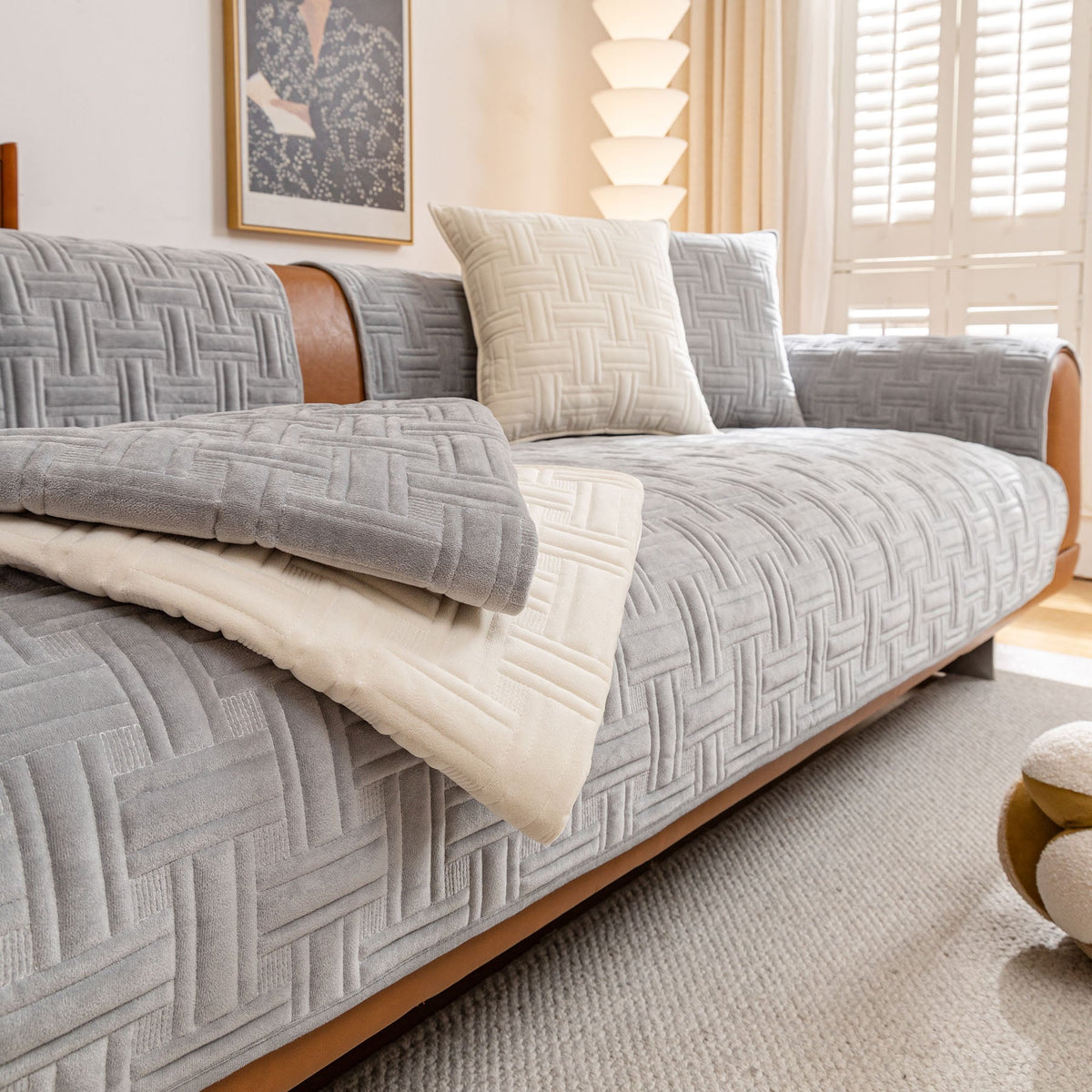 Quilted Velvet Sofa Cover, Thick Padded Couch Protector with Raised Geometric Texture