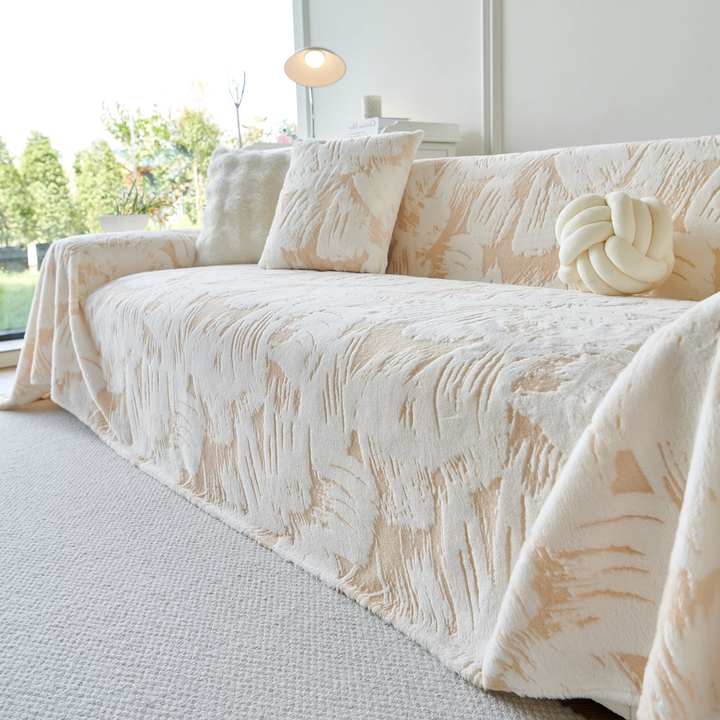 Plush Faux Fur Warm Sofa Cover with Waves Jacquard Textured Throw Blankets for Couch