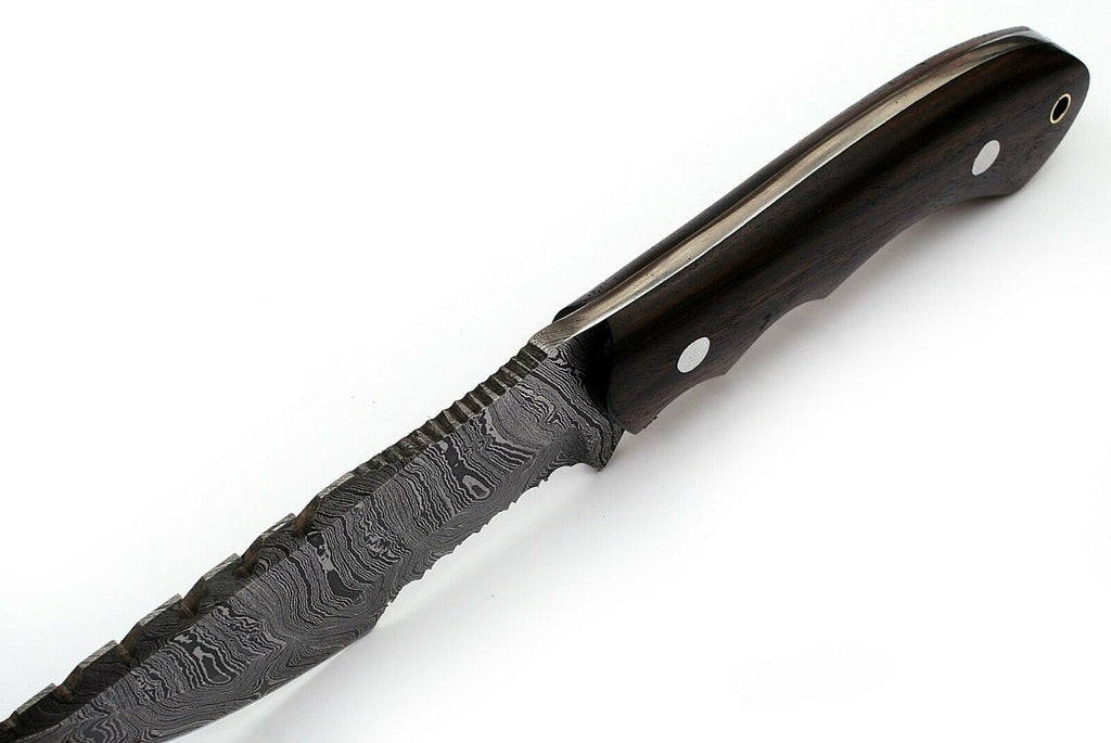 Custom Handcrafted Damascus Steel Tom Brown Tracker Knife - 10" Rosewood Handle with Horizontal Leather Sheath | Survival, Camping, Tactical | KBS Knives