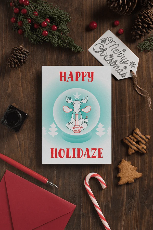 Happy Holidaze Zen Moose Smoking Bong Merry Christmas Greeting Cards (1, 10, 30, and 50pcs)