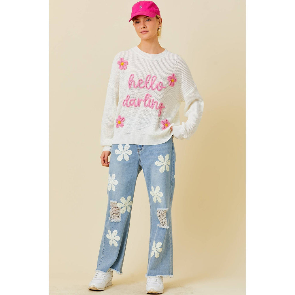 Hello Darling Flower Trim Sweater | Comfy Vintage Knit Sweatshirt [Size SM Remaining]