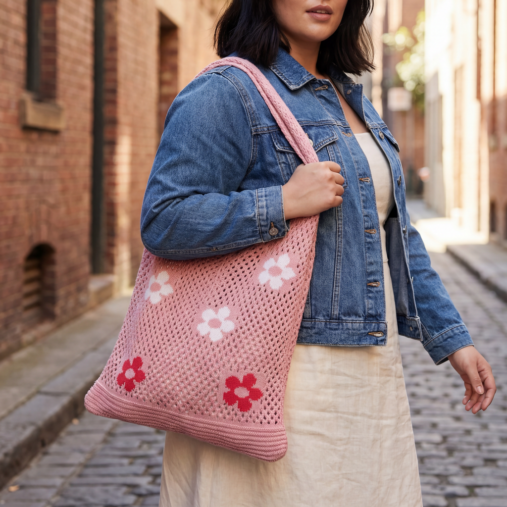 Hippie Boho Knitted Flower Tote | Floral Print Soft Shoulder Bag in Groovy Pink