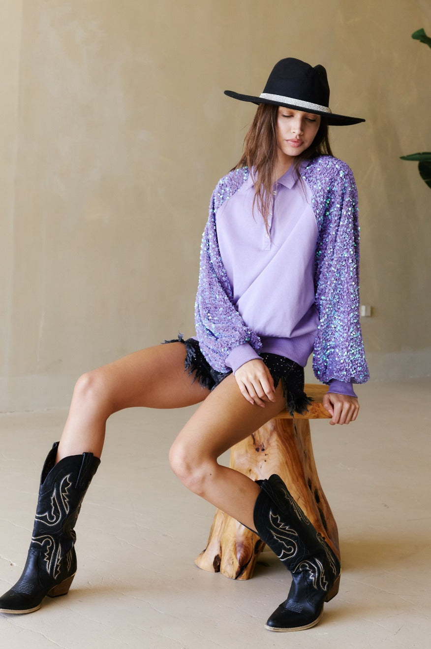 Lavender Sequin Sleeve Henley