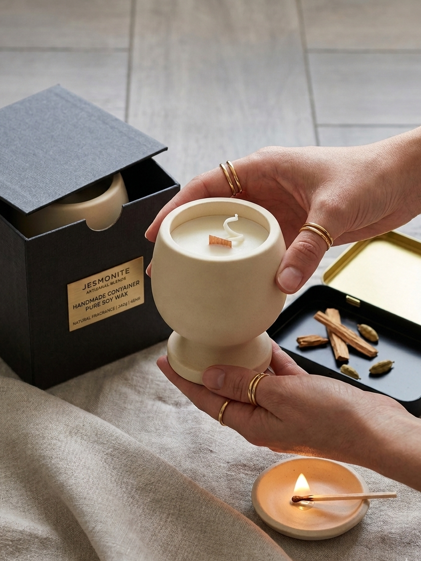 Jesmonite Pedestal Candle – Hand-Poured Soy Wax & Crackling Wood Wick