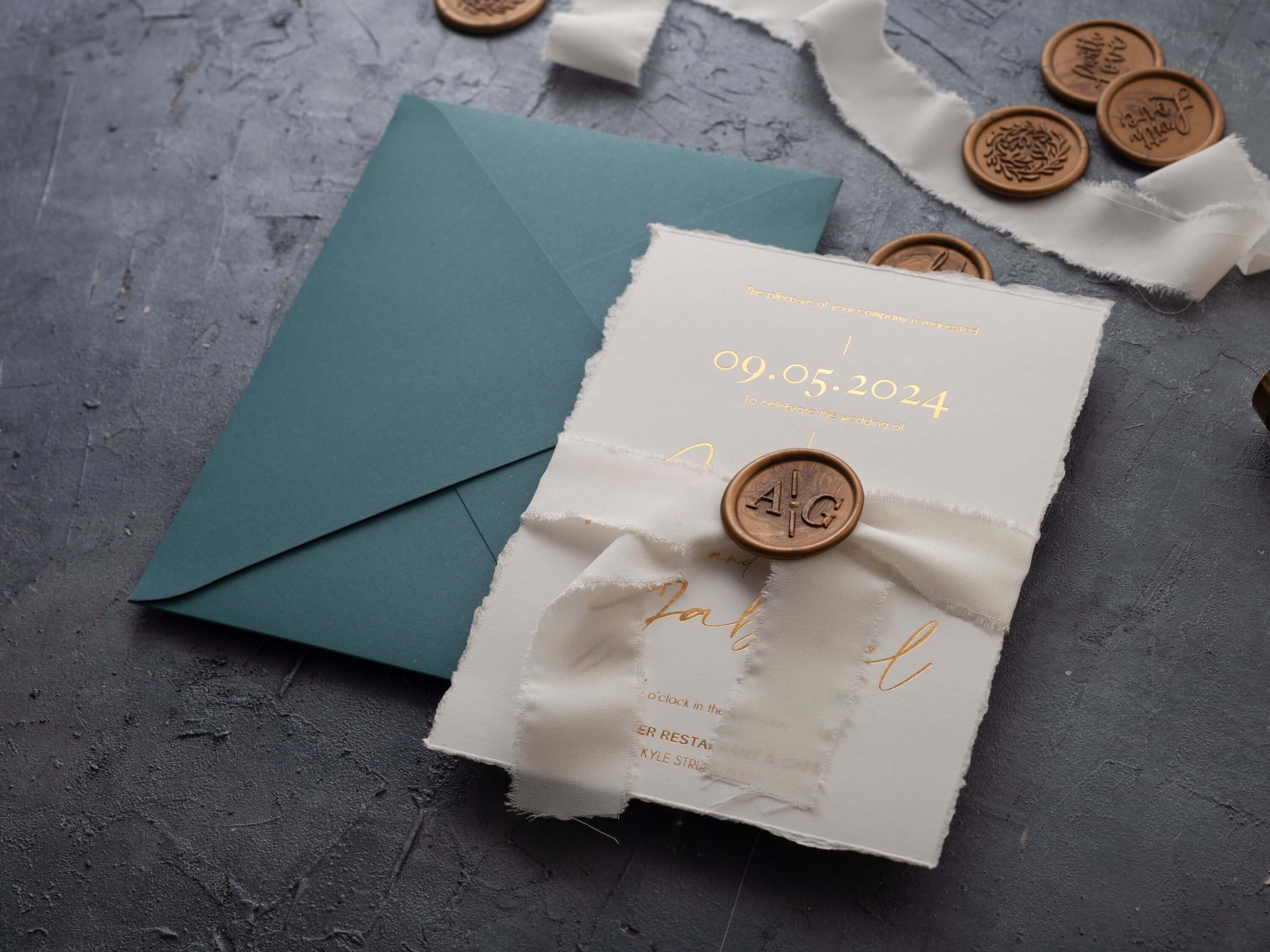 Natural Deckled Edge Wedding Invitations with Gold Foil