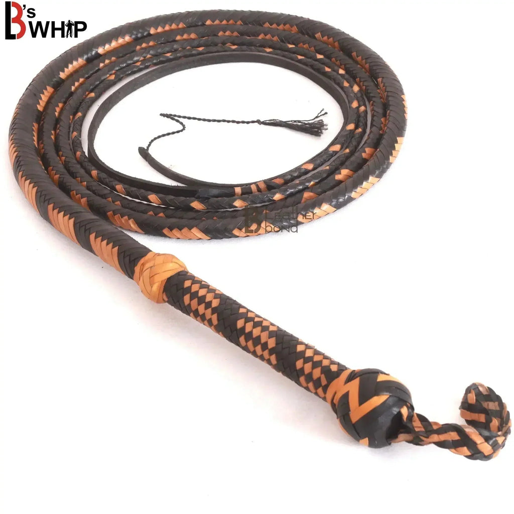 Indiana Jones Bull Whip | Tan and Black Kangaroo Hide | 6 to 16 Feet | 16 Strands | Leather Belly and Bolster – Leather Bond