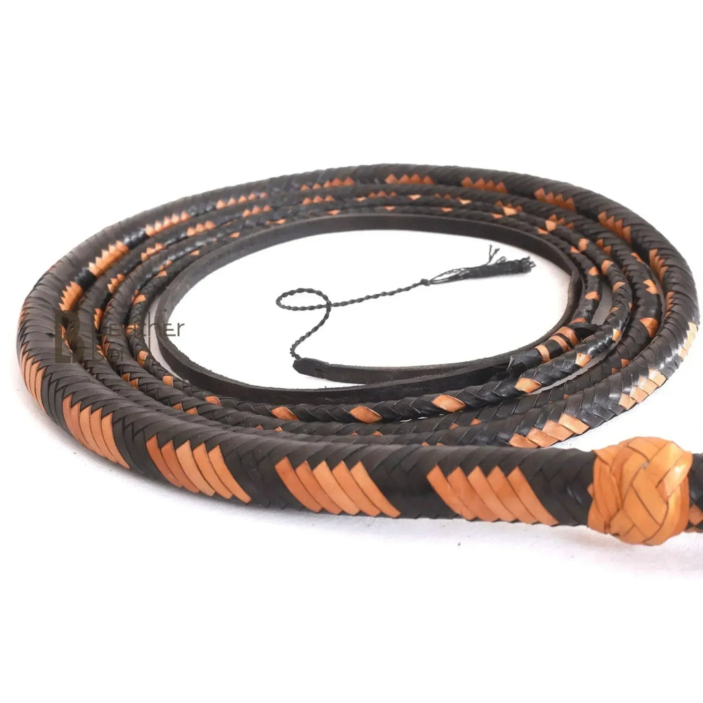 Indiana Jones Bull Whip | Tan and Black Kangaroo Hide | 6 to 16 Feet | 16 Strands | Leather Belly and Bolster – Leather Bond
