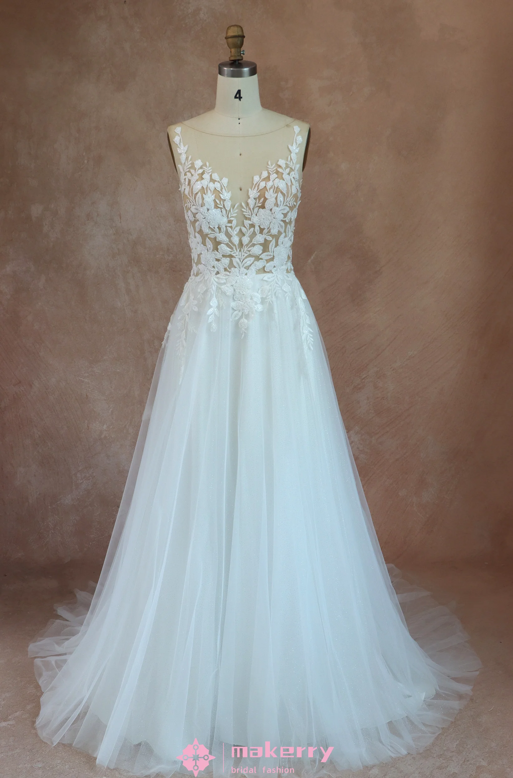 Elegant See Through Appliques A Line Wedding Dress