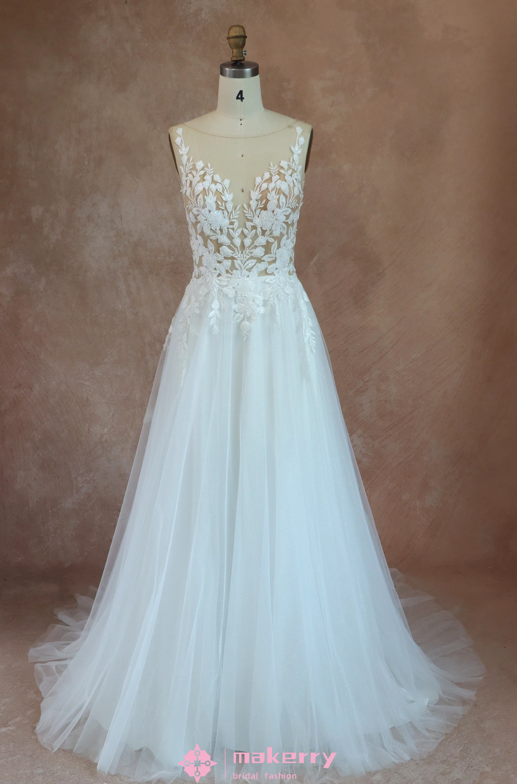 Elegant See Through Appliques A Line Wedding Dress