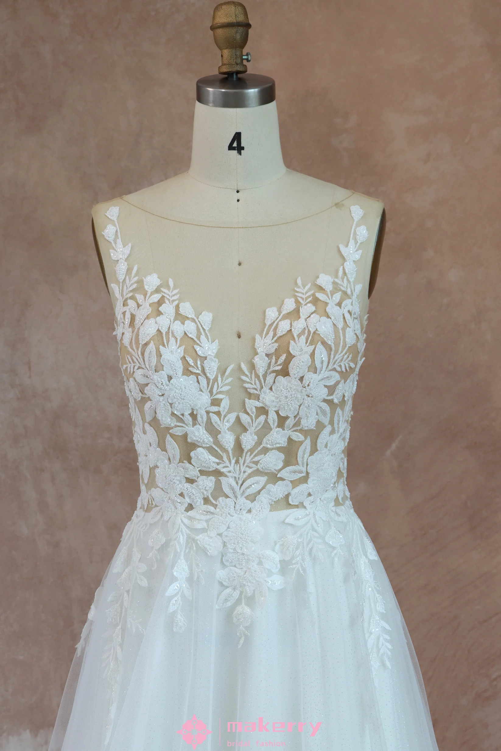 Elegant See Through Appliques A Line Wedding Dress