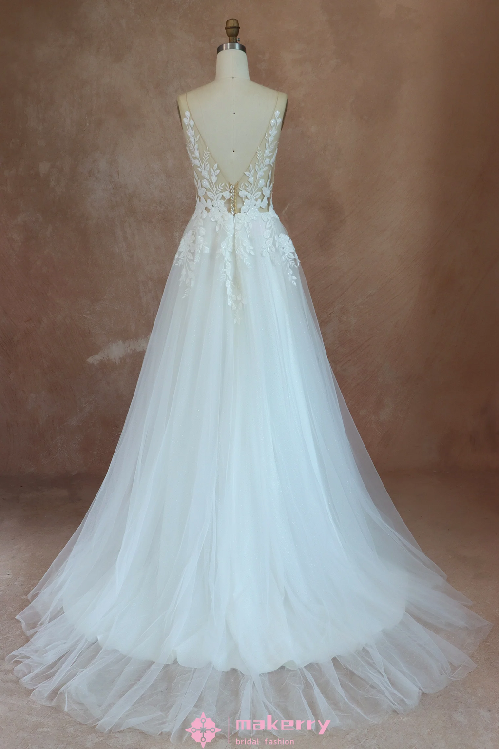 Elegant See Through Appliques A Line Wedding Dress