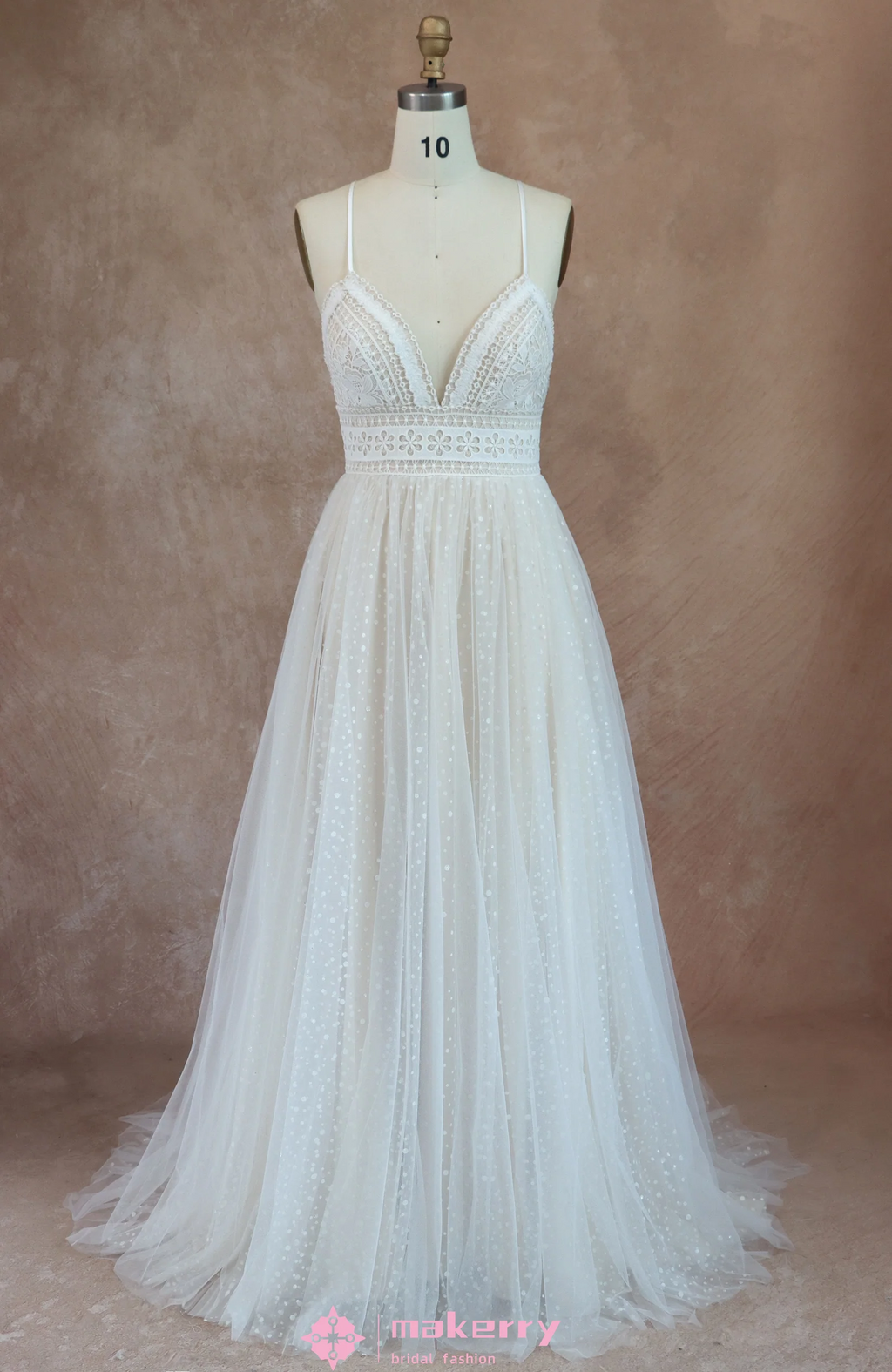Charming Sexy Deep V Neck Lace Tulle Beach Bridal Gown